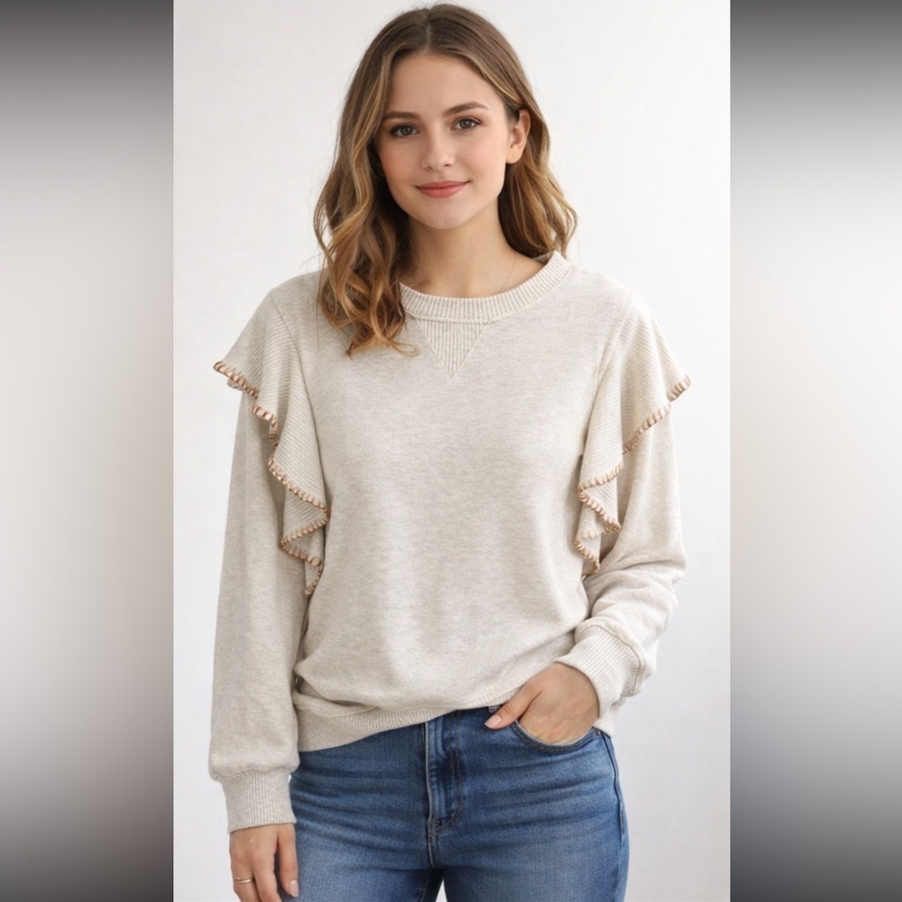Democracy Brushed Sweater‎ Knit Ruffled Top Light Heather Grey Gold Ruffle Trim